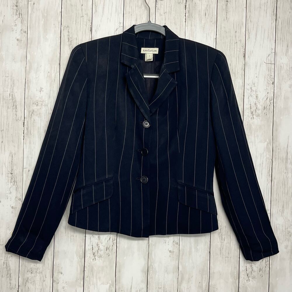 Vintage Ann Taylor 90s Blue Pinstripe 3 Button Collared Professional Blazer 2
